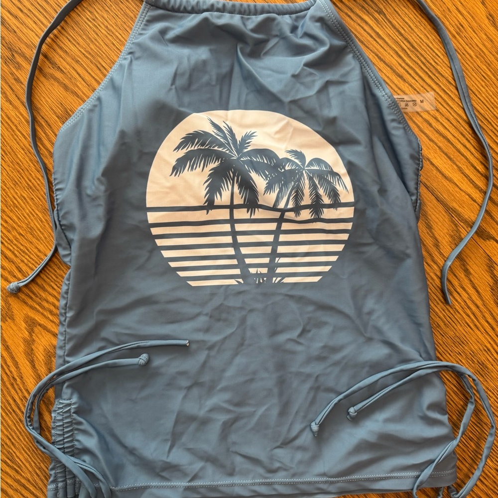 SHEIN Blue and White Bikini with Palm Tree Graphic
